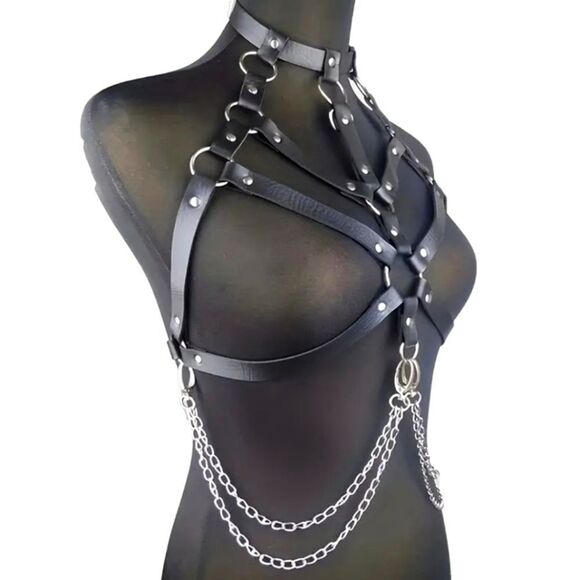 Black Leather Choker Chain Harness Halter Bra #7 - Picture 2 of 3